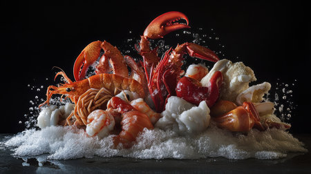 Icy pile of fresh seafood, including shrimp, lobster, and cod, with droplets glistening in bright lighting for a clean look.の素材
