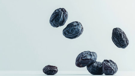 Fresh and dried prunes in a minimalistic setup with a white background, each highlighting their unique textures and colors.の素材