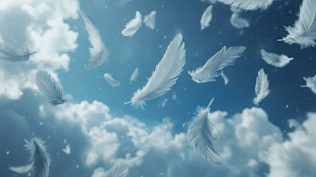Light gray feathers floating against a deep blue sky with soft clouds, evoking freedom and tranquility in a minimalistic scene.の素材