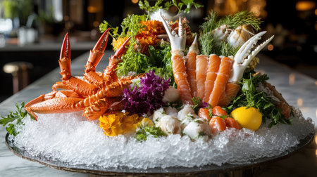 Freshly caught fish, crab legs, and shellfish on a cold bed of ice with garnishes, arranged to emphasize freshness and quality.の素材