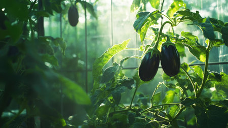 Dutch eggplant plant with glossy, ripe fruits growing in a greenhouse with soft, filtered sunlight through the glass.の素材