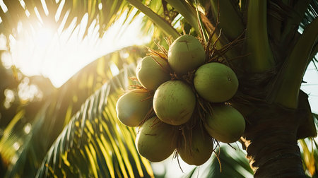 Fresh green coconuts in bunches on a tropical palm tree, with bright sunlight highlighting their glossy skins.の素材