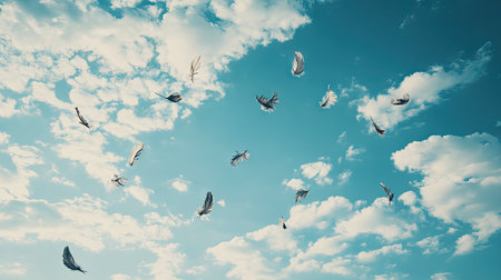 Light gray feathers floating against a deep blue sky with soft clouds, evoking freedom and tranquility in a minimalistic scene.の素材