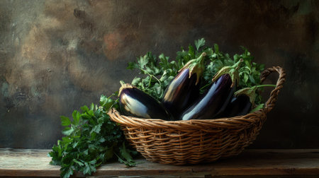Dutch eggplants arranged in a wicker basket on a rustic table, with a bunch of fresh herbs and a warm, soft light.の素材