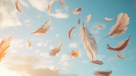 Gently falling feathers suspended mid-air, captured against a luminous blue sky with faint clouds in a tranquil setting.の素材