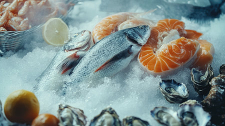High-angle shot of mixed fresh seafood, from fish to oysters, laid on a bed of crushed ice, highlighting the freshness of each item.の素材