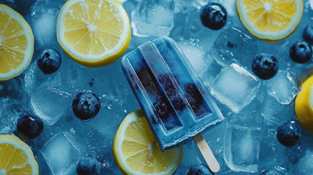 Lemon and blueberry ice pops made with water, placed on ice cubes with lemon slices and fresh blueberries around.の素材
