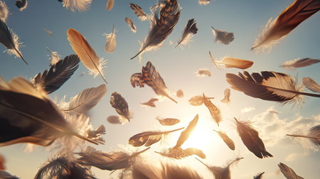 Feathers of various shades drifting in the air, suspended gracefully against a clear, serene sky with gentle sunlight.の素材