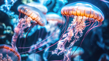 Group of jellyfish with clear bodies and pink-tinted tentacles in a large aquarium tank, softly illuminated by blue lights.の素材