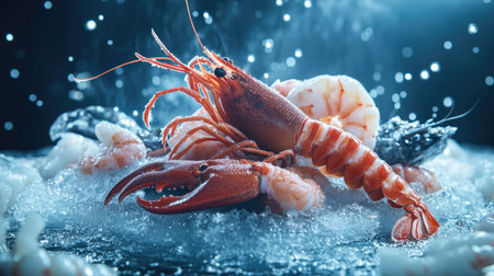 Icy pile of fresh seafood, including shrimp, lobster, and cod, with droplets glistening in bright lighting for a clean look.の素材