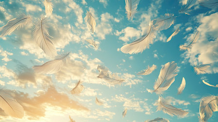 Elegant feathers in motion, slowly falling through a crisp morning sky with light, fluffy clouds scattered in the distance.の素材