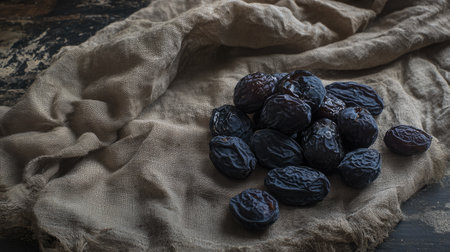 Fresh prunes on a rustic cloth beside dried prunes, highlighting the natural textures and deep purple colors.の素材