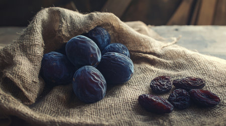 Fresh prunes on a rustic cloth beside dried prunes, highlighting the natural textures and deep purple colors.の素材