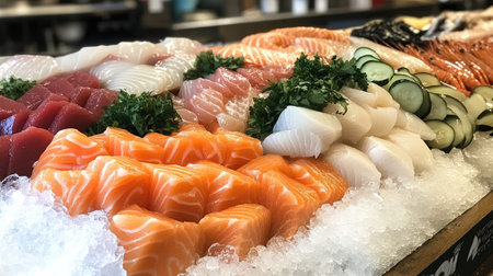 Pile of glistening fish, shrimp, and scallops arranged on ice at a seafood counter, showcasing freshness and variety.の素材