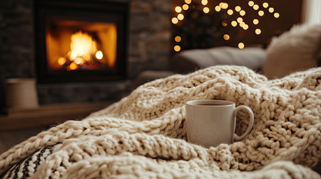 Oversized wool knitted blanket in a soft cream color, displayed on a couch with a hot cup of tea and a flickering fireplace in the backgroundの素材