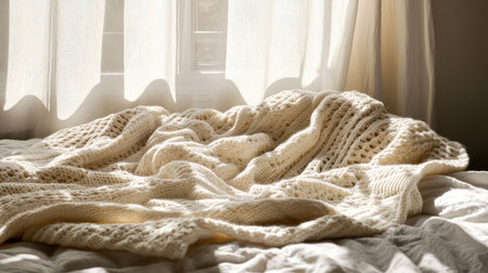 Soft wool knitted blanket in neutral tones, spread out on a bed with gentle sunlight coming through the window, highlighting the texture of the fabricの素材
