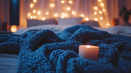Soft, oversized knitted wool blanket in deep navy blue, folded at the foot of a bed, with warm lighting creating a relaxed atmosphereの素材