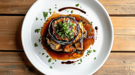 Top-down view of a Dutch eggplant dish on a white plate with parsley garnish, served on a wooden table.の素材