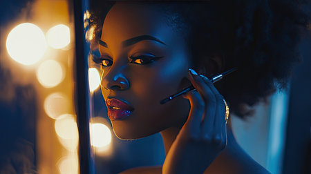 Woman looking into a well-lit mirror, delicately applying eyeliner with confidence and precision.の素材