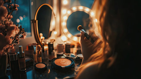 Woman with a makeup brush applying bronzer in front of a mirror, with scattered beauty products visible on the table.の素材