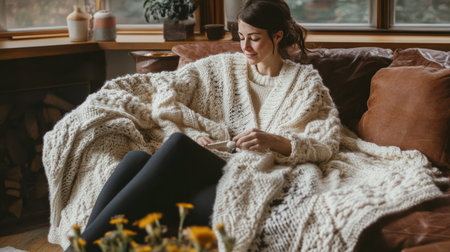 Woman relaxing on a couch with a wool knitted blanket draped over her, knitting a scarf while enjoying the warmth of the blanket in a comfortable home settingの素材