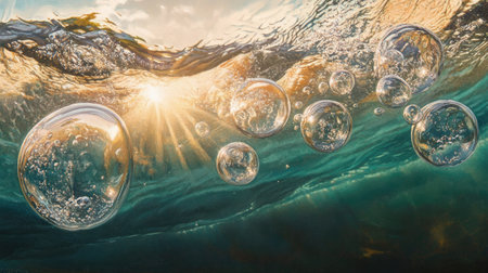 Underwater view of small air bubbles rising through a gentle wave, with the sunlight creating intricate reflections on each bubble.の素材