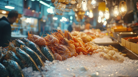 Vibrant selection of seafood with shellfish and colorful fish on ice, glistening under soft market lights, ready to be cooked.の素材