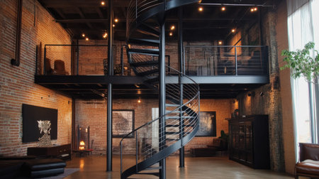 Black metal spiral staircase leading to a mezzanine, highlighting modern industrial design.の素材