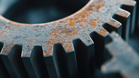 Aged metal gears with rust spots, close-up showing texture and fine mechanical details.の素材