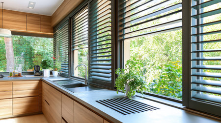 Aluminum louver windows in a modern kitchen, open to let in light and fresh air from the outside.の素材