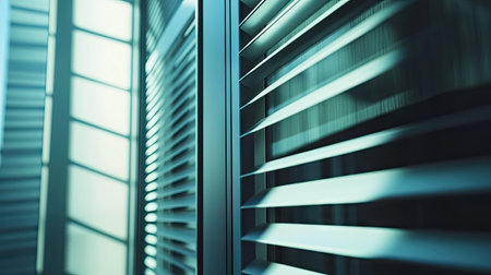 Close-up of an aluminum louver window, tilted open, showing sleek design and natural light filtering through.の素材
