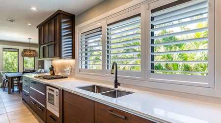 Aluminum louver window in a modern kitchen, open to let in fresh air and provide a view outside.の素材