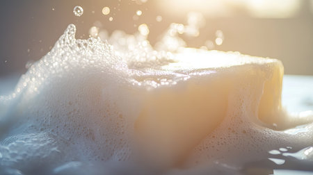 Bar of soap with frothy foam cascading over it, bubbles shimmering in bright, natural light.の素材