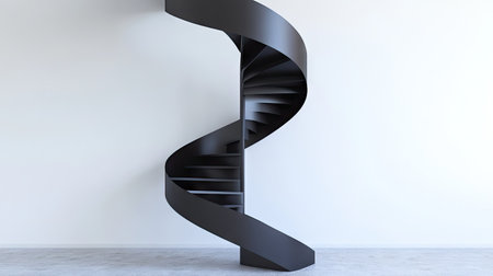Black spiral staircase against a white wall, emphasizing contrast and modern minimalism.の素材