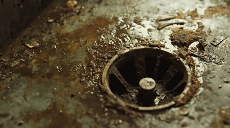 Close-up of a metal drain with dirt and grime around it, water pooled in the sink.の素材