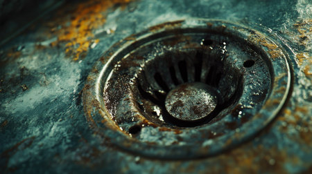 Close-up of a metal sink with a dirty drain, grime and stains visible around the edges.の素材