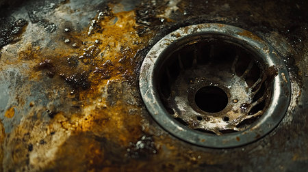 Close-up of a metal sink with a dirty drain, grime and stains visible around the edges.の素材