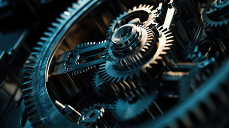 Close-up of interlocking metal gears inside an engine, each tooth finely crafted and aligned.の素材