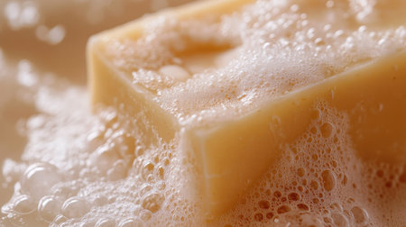 Creamy foam bubbles enveloping a bar of soap, close-up capturing the softness and freshness.の素材