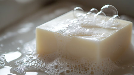 Delicate, airy bubbles covering a white soap bar, showing cleanliness and purity up close.の素材