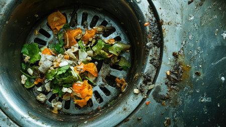 Food scraps and grime around a dirty metal sink drain, signs of accumulated buildup.の素材