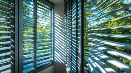 Close-up of aluminum louver windows tilted open, creating diagonal shadow patterns in a modern room.の素材
