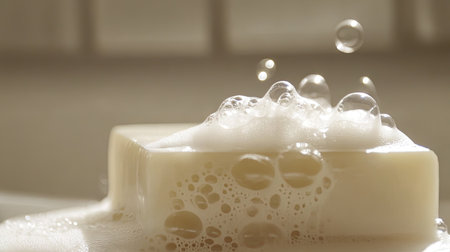 Close-up of a white bar of soap with fluffy foam piled high, bubbles catching the light.の素材