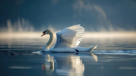 Close-up of a white swan's feathers as it glides gently across the surface of a calm lake.の素材