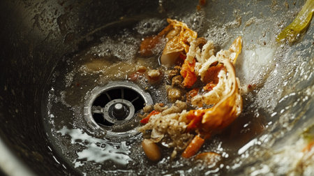 Close-up of food scraps clogging a metal sink drain, dirty water pooling in the basin.の素材