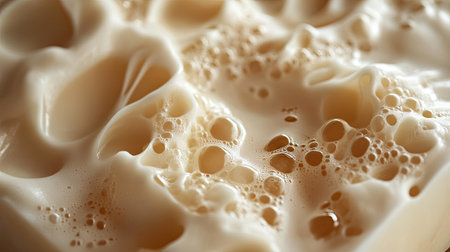 Close-up of soap covered in soft, creamy lather, with dense bubbles creating a rich texture.の素材