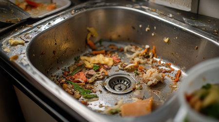 Dirty stainless steel sink with a drain covered in grime and small bits of food waste.の素材