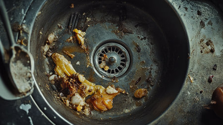 Dirty metal sink drain with visible food waste and grime around the stopper.の素材