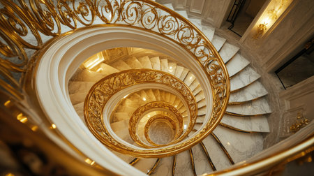 Elegant spiral staircase with gold accents and marble steps, adding sophistication to a modern interior.の素材