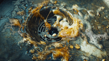 Dirty sink drain with food residue and bits of soap, metal surface dull and unclean.の素材
